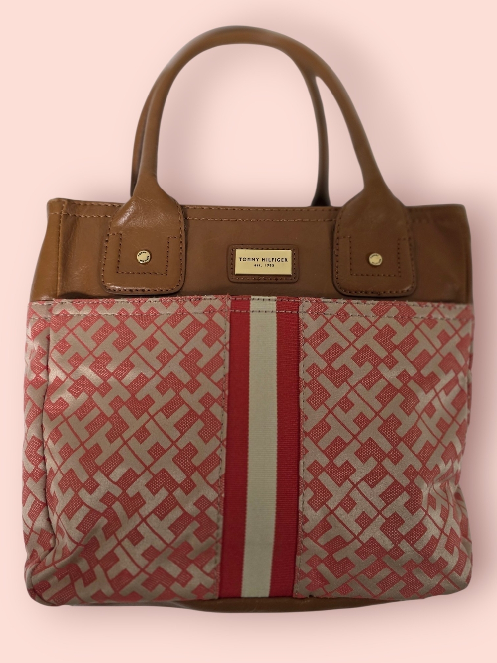 Tommy Hilfiger Coral TH Pattern Tote Handbag Purse w/ Tan Leather Trim Vintage